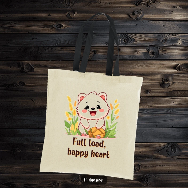 Funny Tote Bag: Sturdy bag with a fluffy animal grinning widely after a harvest, perfect for carrying goods with a festive feel.
