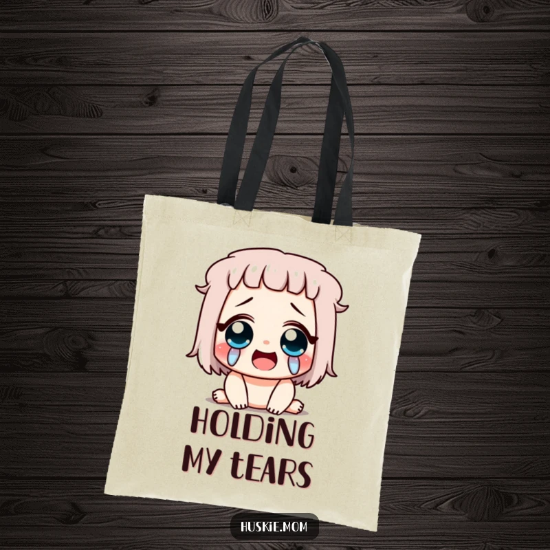 Funny canvas tote bag illustrating a character crying tears of pure joy, eyes shut in laughter, perfect for carrying happiness.