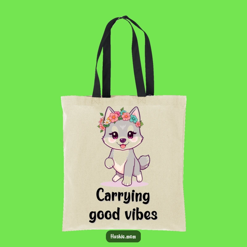 Funny Kawaii Husky Tote Bag: Flower Crown Pup, Chic Funny Gift