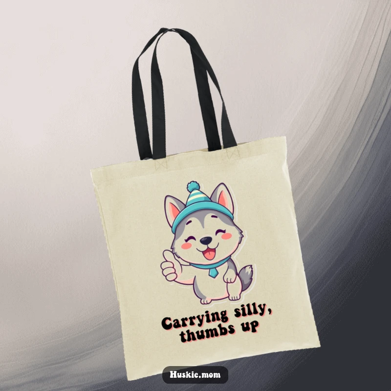 Funny Kawaii Husky Tote Bag: A tote featuring a cute Husky in a funny hat, giving a thumbs up, perfect for daily use.