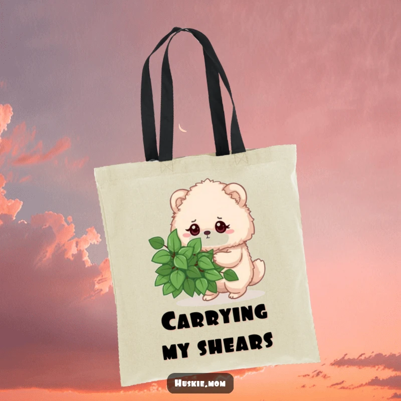 Funny tote bag showing a fluffy animal focused on pruning a leafy bush, a humorous and practical accessory.