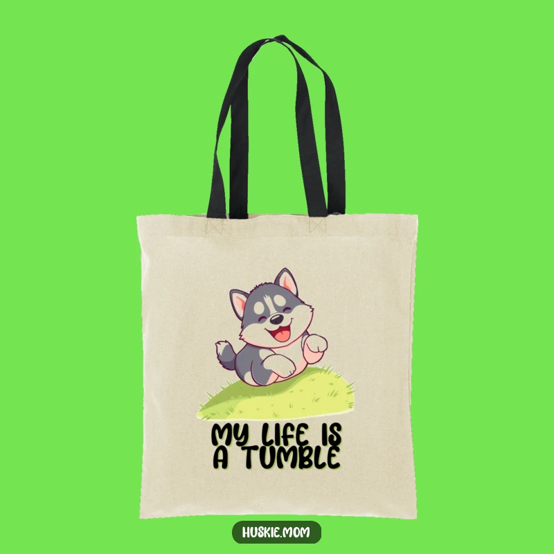 Funny Puppy Tumble Tote Bag: Carry Your Essentials with a Gleeful Husky's Hilarious Descent, Funny Gift