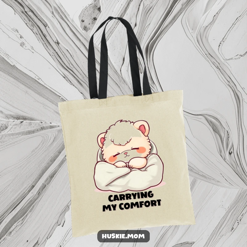 Funny tote bag with a fluffy animal napping peacefully in soft fabric, perfect for carrying items with cozy humor.