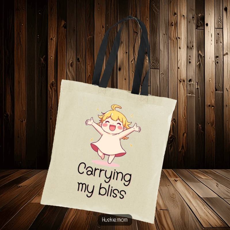 Funny Tote Bag: A character spins with arms wide open, embodying pure happiness and ready to carry your items.