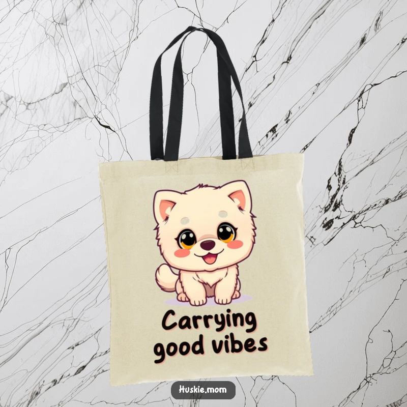 Happy Wagging Dog Tote Bag: A fluffy dog with big eyes wags its tail enthusiastically, a cute and humorous bag for everyday use.