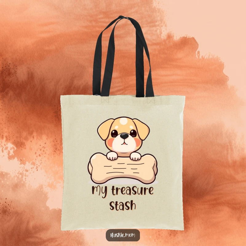 Peek-a-Boo Bone Dog Tote Bag: A small, round dog peeks from behind a large bone, a cute and humorous bag for everyday use.